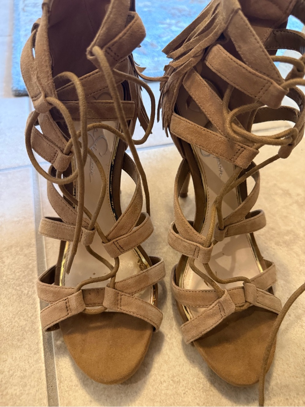 Jessica Simpson Tan Suede Lace-Up Strappy High Heel Sandals